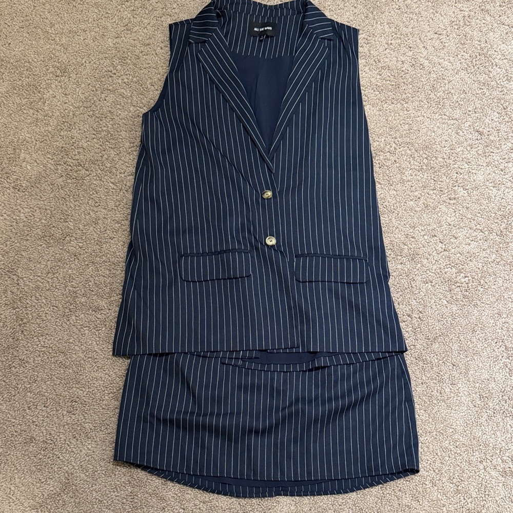All The Ways Navy Pinstripe Vest and Skirt Set
